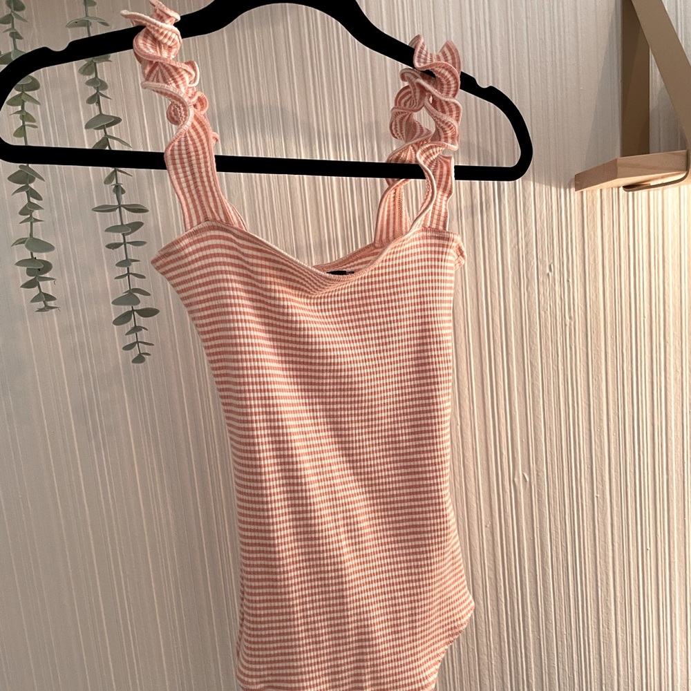 COPY - Reformation Pink and white Stripe bodysuit top with Ruffle straps